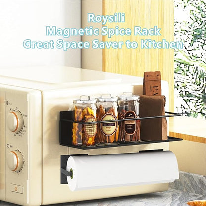 Magnetic Spice Rack For Refrigerator, Space Saving Magnetic Shelf For Fridge Black 2 Pack With Magnetic Paper Towel Holder