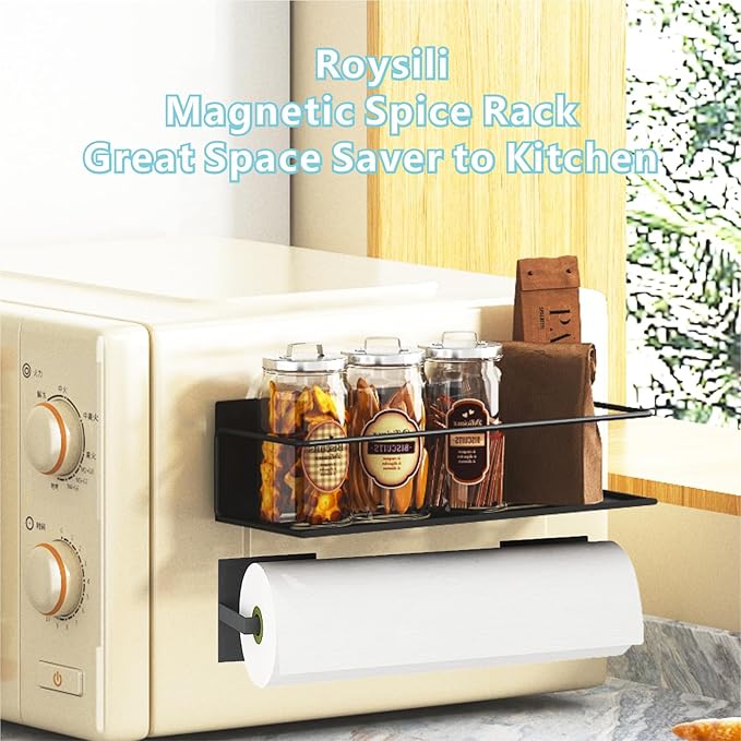 Magnetic Spice Rack For Refrigerator, Space Saving Magnetic Shelf For Fridge Matt Black 4 Pack With Magnetic Paper Towel Holder