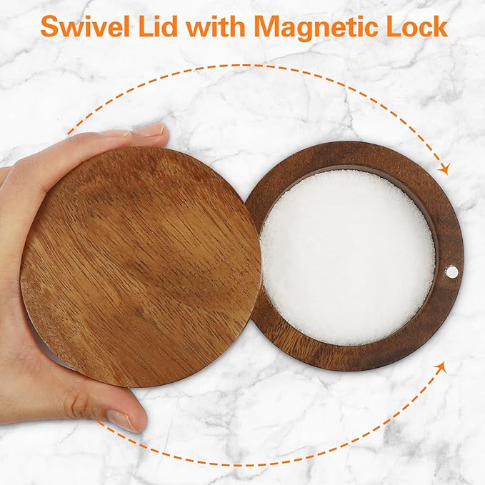 Acacia Wood Salt Cellar Bowl Box, Elegant Salt Container with Swivel Magnetic Lid for Keeping Table Salt, Bath Salt, Sea Salt, Peppers, Herbs or seasonings, One piece Wood No Glue