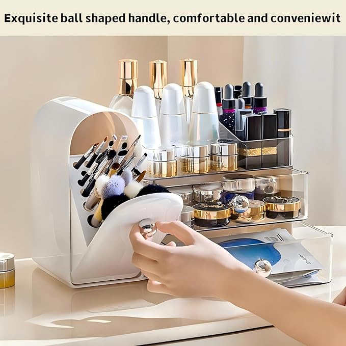 Makeup Organizer for Vanity with Covered Brush Holder，Bathroom Organizers with Drawer，Skin Care Organizer，Makeup Organizers for Vanity with Drawer，Large Makeup Storage for Dresser, White