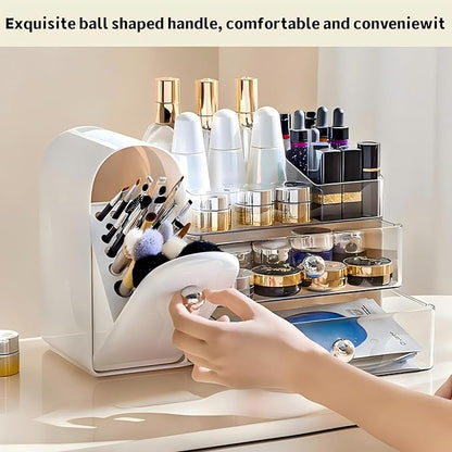 Makeup Organizer for Vanity with Covered Brush Holder，Bathroom Organizers with Drawer，Skin Care Organizer，Makeup Organizers for Vanity with Drawer，Large Makeup Storage for Dresser, White