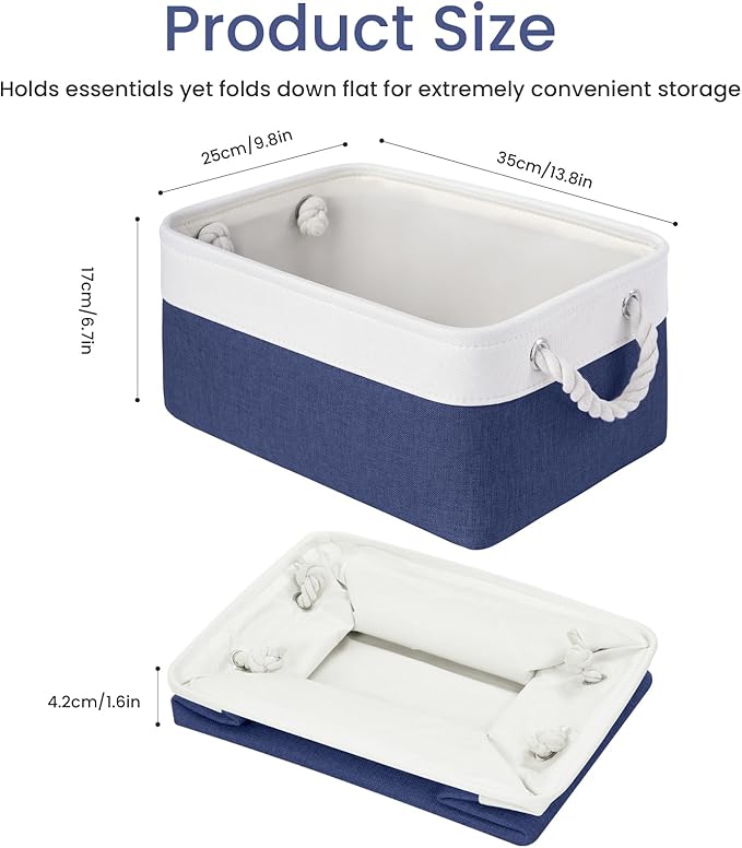Storage Baskets for Shelves 13.8x9.8x6.7 Inch, Foldable Fabric Storage Bins with Handles, Small Storage Baskets for Organizing Closet, Office, Home Organization (6-Pack, White&Blue)
