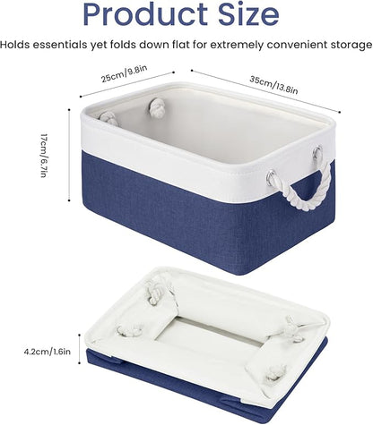 Storage Baskets for Shelves 13.8x9.8x6.7 Inch, Foldable Fabric Storage Bins with Handles, Small Storage Baskets for Organizing Closet, Office, Home Organization (3-Pack, White&Blue)