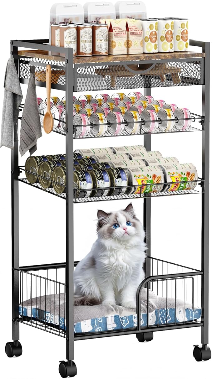 Cat Food Organizer，Multi-Functional Canned Food and Cat Bed Rolling Storage Cart,Manually Adjust The Gap Size，Store Suitable Can Sizes，Used for Jar Food & Cat Food Dispenser Rack