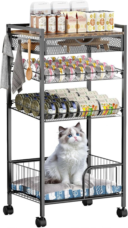 Cat Food Organizer，Multi-Functional Canned Food and Cat Bed Rolling Storage Cart,Manually Adjust The Gap Size，Store Suitable Can Sizes，Used for Jar Food & Cat Food Dispenser Rack