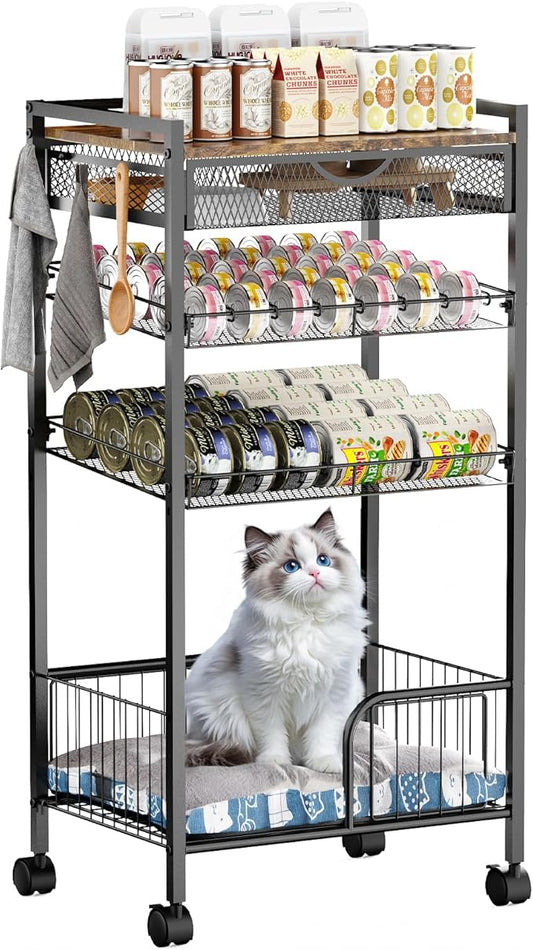 Cat Food Organizer，Multi-Functional Canned Food and Cat Bed Rolling Storage Cart,Manually Adjust The Gap Size，Store Suitable Can Sizes，Used for Jar Food & Cat Food Dispenser Rack