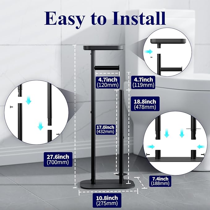 Kitsure Toilet Paper Holder Free Standing – Rustproof Metal Toilet Paper Stand for 4 Rolls with Anti-Slip Base and Shelf for Phone & Small Items, Bathroom Organizers and Storage, Large, Black
