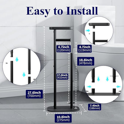 Kitsure Toilet Paper Holder Free Standing – Rustproof Metal Toilet Paper Stand for 4 Rolls with Anti-Slip Base and Shelf for Phone & Small Items, Bathroom Organizers and Storage, Large, Black