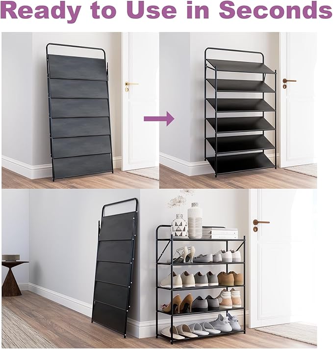 6 Tier No-Assembly Shoe Rack, Foldable Shoes Rack Organizer Without Installation, Portable Solid Metal Shoe Shelves for Closet, Entryway, Front Door Entrance