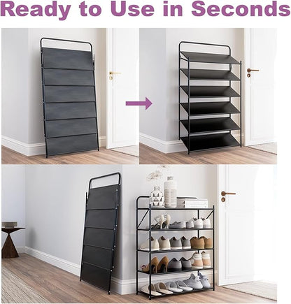 6 Tier No-Assembly Shoe Rack, Foldable Shoes Rack Organizer Without Installation, Portable Solid Metal Shoe Shelves for Closet, Entryway, Front Door Entrance
