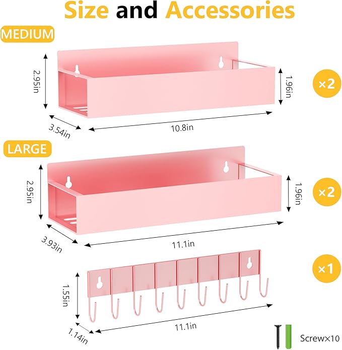 SMRCAD Magnetic Spice Rack Organizer for Fridge Seasoning Organizer for Kitchen storage with Screw Magnetic Shelf with Hook for Refrigerator and Oven (4pack1hook-Pink)