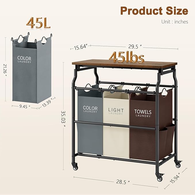 Hoctieon 3 Section Laundry Sorter Cart with Ironing Board, Laundry Hamper Basket with Shelf and Wheels, Heavy Duty Clothes Organizer, Large Clothes Separator with Removable Bags, Brown+Gray+Beige