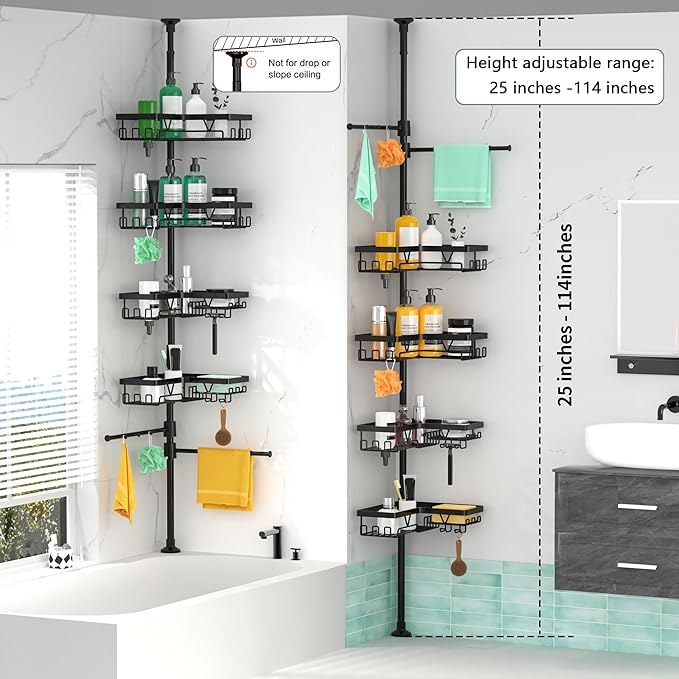 DAOYA Shower Caddy Tension Pole Corner with 4 Removable Baskets & 2 Towel Bar - Expandable Shower Caddy Corner Adjustable 25-114.2 Inches Upgraded Bath Organizer for Tub(Stainless Steel, Black)