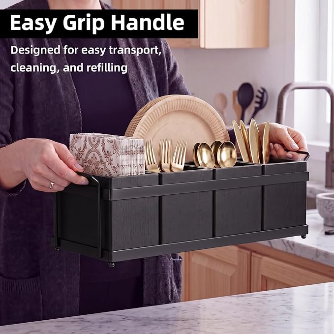 Silverware Caddy for Party, Utensil Caddy with 5 Removable Bins, Bamboo Holder for Organize Plastic Silverware, 7" to 10" Paper Plates, Napkins - Black