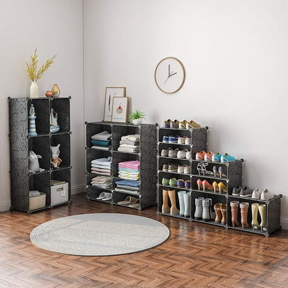 KOUSI Portable Shoe Rack Organizer 24 Pair Tower Shelf Storage Cabinet Stand Expandable for Heels, Boots, Slippers 6 Tier Black,Clear,32 inches x12 inches x36 inches
