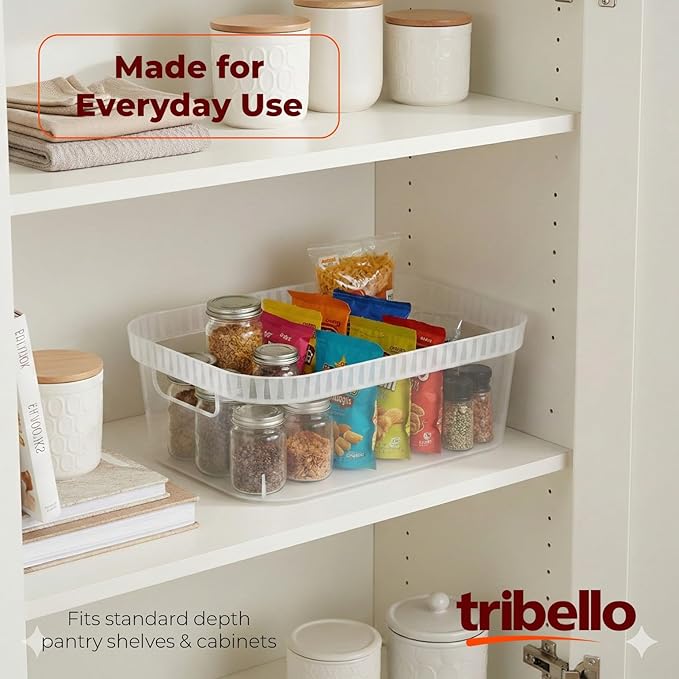 Tribello Modern Cabinet Organizers And Storage Pantry Shelf Organizer - Clear Plastic Storage Bins - Bulk 8-Pack (Medium - 12” X 8” X 4”)