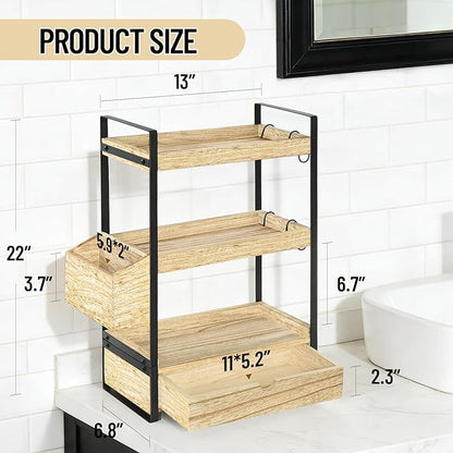 3-Tier Bathroom Counter Organizer with Drawer Basket and Hooks, Wood Bathroom Organizers and Storage for Countertop, Farmhouse Brown Countertop Organizer, Counter Shelf for Vanity, Kitchen,Office