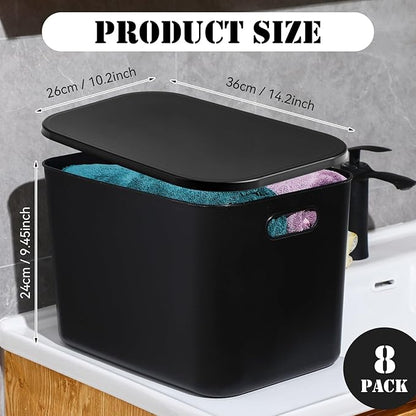 Hoolerry 8 Pieces Colorful Storage Bins with Lid, Plastic Storage Basket Organizing Container Stackable Box with Handle for Shelves Desktop Playroom Office(14.2 x 10.2 x 9.5 Inch,Black)