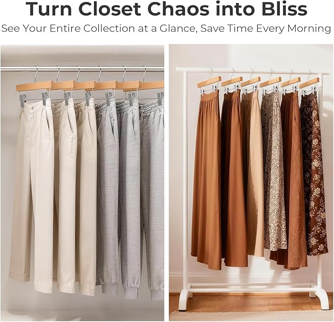 HOUSE DAY Wooden Pants Hangers with Clips, Solid Lotus Deluxe Wood Skirt Hangers, Heavy Duty & Anti-Rust Hook for Wrinkle-Free Slacks, Skirts, Jeans, Space Saving for Closet 10 Pack (Natural)