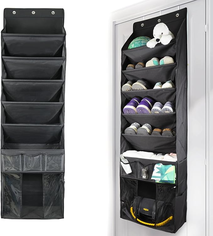 3in1 Over The Door Shoe Organizer with 5 Slanted Compartments,Removable Storage Bin & Transparent Pockets,Thickened Waterproof Oxford Fabric Shoes Rack for Shoes,Boots,Toys,Daily Essentials. (Black)