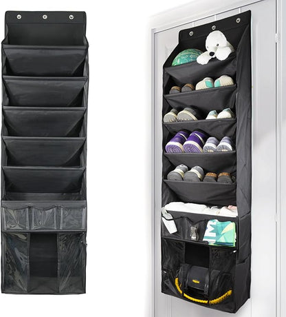 3in1 Over The Door Shoe Organizer with 5 Slanted Compartments,Removable Storage Bin & Transparent Pockets,Thickened Waterproof Oxford Fabric Shoes Rack for Shoes,Boots,Toys,Daily Essentials. (Black)