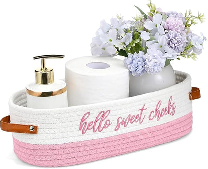 Hello Sweet Cheeks Bathroom Decoration Pink and White Cotton Rope Toilet Basket Toilet Paper Holder Basket Rustic Bathroom Organizer Farmhouse Home Decoration Organizing Small Baskets