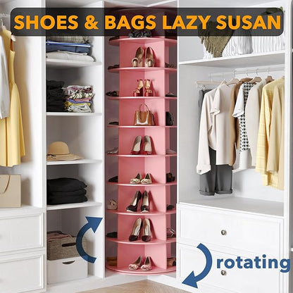 SpaceAid 9 Tier Rotating Shoe Rack Tower, Spinning Shoe Display Lazy Susan, Revolving 360 Shoe Rack Storage Round Carousel, Vertical Handbag Rotate Shoes Closet Organization (9-Tier Pink)