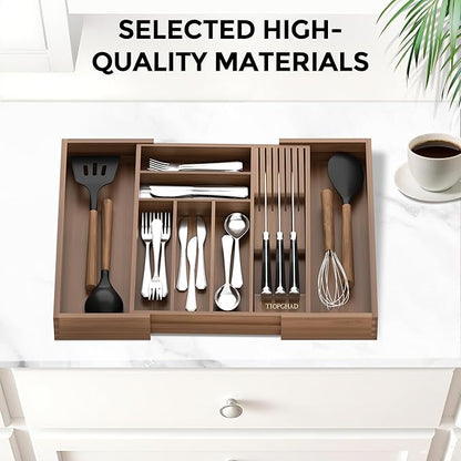 TIOPGHAD Bamboo-Silverware-Drawer-Organizer-Kitchen, Expandable Utensil Holder Cutlery Tray Flatware Organization Adjustable Wood Tableware Dividers Storage (with Removable Knife Block)(Brown)