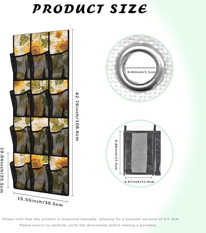 Sunflowers Over Door Art Supply Organizer - 12 Deep Pockets for Scissors, Markers, Yarn - Dye-Resistant Fabric