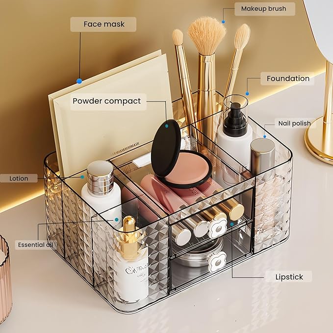 Makeup Organizer with Drawers and Clear Storage - Vanity Counter Organizer and Bathroom Countertop for Makeup Brush, Lipsticks, Nail Polishes, Perfumes, Eyeshadow Palettesand Cosmetics