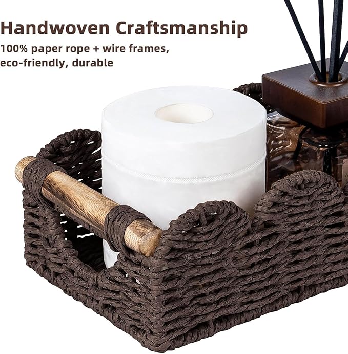 CubesLand Bathroom Basket Organizer w/Cut Out Handle, Back of Toilet Paper Storage Baskets for Bathroom Countertop Decorative, Small Scalloped Wicker Basket Also for Home Decor, Living Room, Brown