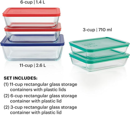 Pyrex Simply Store (5-Pack) Large Glass Food Storage Containers Set, (3, 6 & 11 Cup) Meal Prep Containers With Plastic BPA-Free Lids, Dishwasher & Microwave Safe