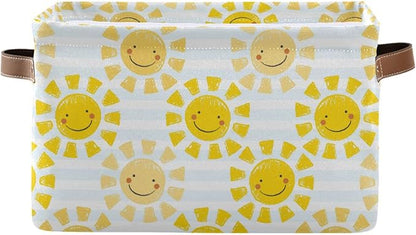 Cute Sunshine Storage Basket Bin, Large Cube Storage Box Canvas Collapsible Storage Organizer for Home Office Closet - 15 L x 11 W x 9.5 H