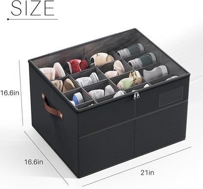 MIFXIN Shoes Organizer for Closet Fit 16 Pairs Large Shoe Box Storage Container Shoe Storage Bin with Clear Cover & Reinforced Handles, Space Saving Shoes Container (Black)