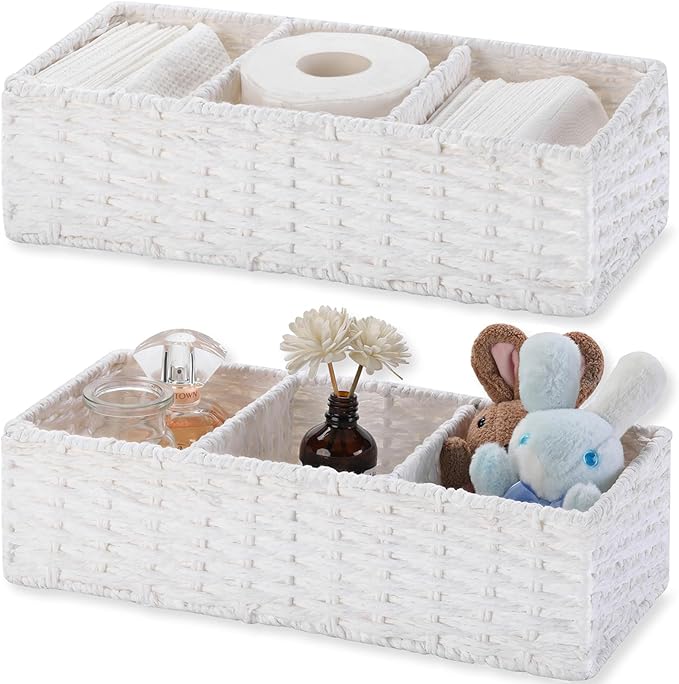 Vagusicc 3 Section Wicker Storage Basket, White Wicker Baskets for Storage, Toilet Tank Basket, Small Baskets for Organizing for Shelves, 2-Pack