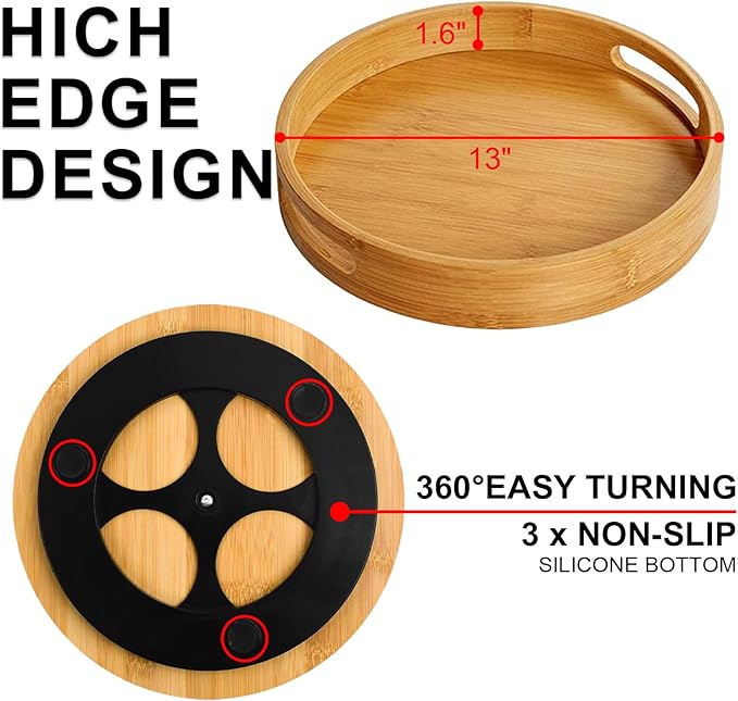 Wooden Lazy Susan Organizer for cabinet-12 Inch Bamboo Kitchen Turntable Organizer with Double Handles-Large Bamboo Lazy Susan for Table Top, Countertop, Cabinet, Pantry, Dining Table