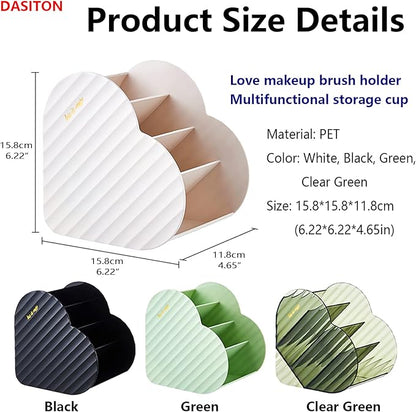 DASITON Large Capacity Makeup Brush Holder Organizer,4 Slot Love Makeup Brushes Cup,Heart shaped Makeup Organizer,for Vanity,Bathroom,Desk Storage Container,Cosmetic Display cases(Clear Green)
