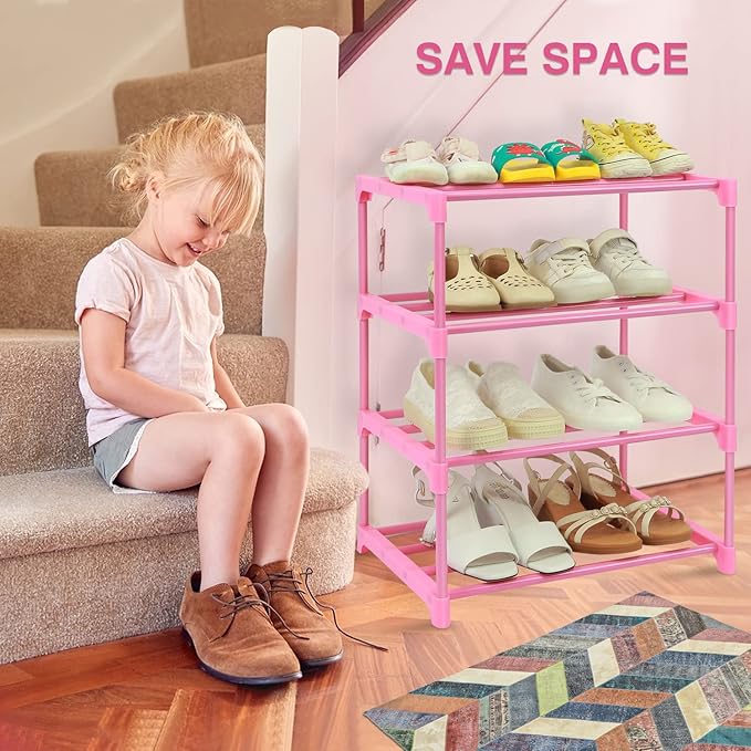 HITHIM 4-Tier Free Standing Shoe Racks for 6-8 Pairs Shoe Storage,Kids Shoe Racks for Small Place,Lightweight Stackable Shoe Shelf Organizer for Entryway, Doorway and Closet,Pink