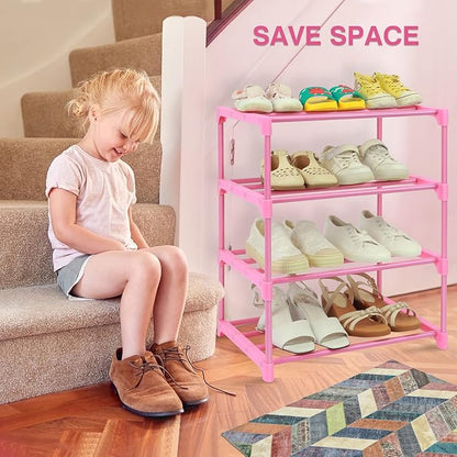 HITHIM 4-Tier Free Standing Shoe Racks for 6-8 Pairs Shoe Storage,Kids Shoe Racks for Small Place,Lightweight Stackable Shoe Shelf Organizer for Entryway, Doorway and Closet,Pink