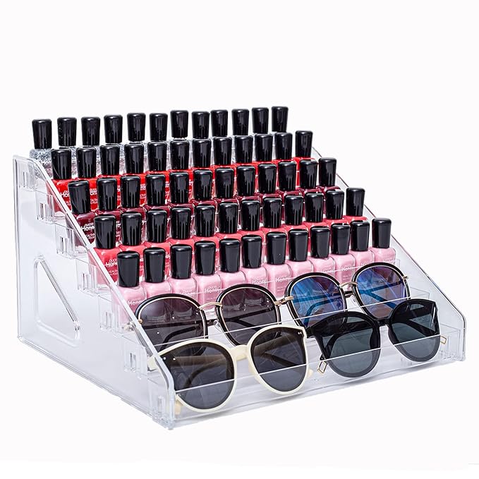 7-Tier Nail Polish & Sunglasses Organizer | Screwless Cosmetic Display Shelf for Makeup, Jewelry, Eyeglasses Storage | Non-Slip Bathroom Vanity Shelf for Essential Oils