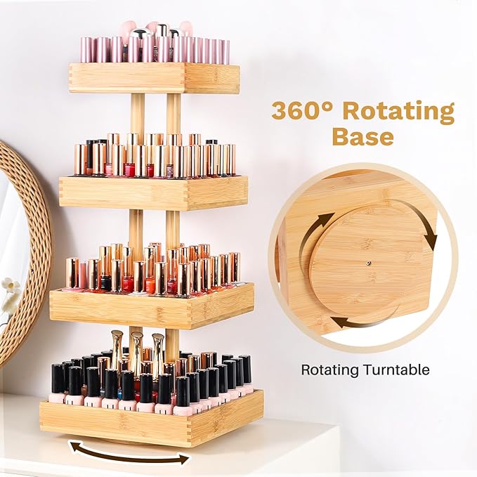 Homde Nail Polish Display Stand and Storage: 360 Degree Rotating Bamboo Rack Organizer, 4 Tier Makeup Holder for Fast Access on Countertop or Vanity for Girls & Women,Brown