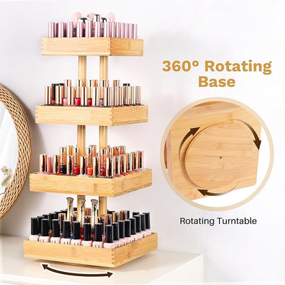 Homde Nail Polish Display Stand and Storage: 360 Degree Rotating Bamboo Rack Organizer, 4 Tier Makeup Holder for Fast Access on Countertop or Vanity for Girls & Women,Brown