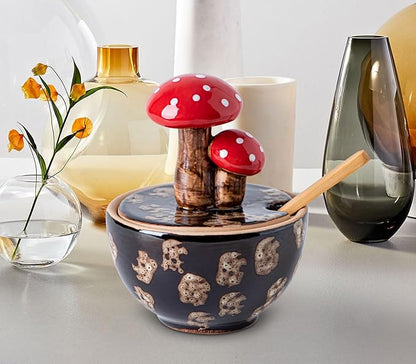 Brown Ceramic Mushroom Salt Cellar With Lid and Bamboo Spoon