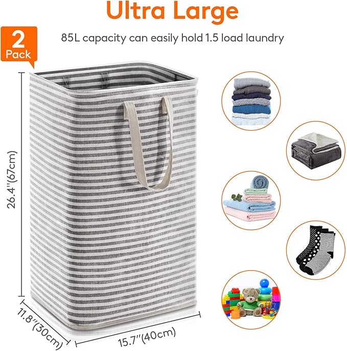 Lifewit 2 Pack Laundry Basket 80L Each, Collapsible Clothes Hamper with Reinforced Handles, Freestanding Waterproof Design for Bedroom and Laundry Room, Black 160L Total