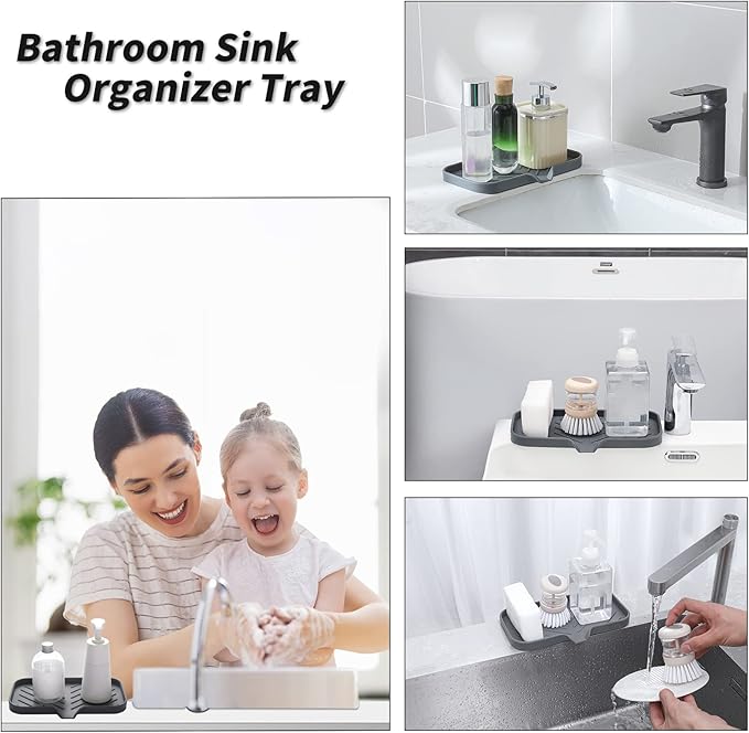 MicoYang Silicone Bathroom Soap Dishes with Drain Spout-Bathroom and Kitchen Sink Organizer,Sponge Holder,Dish Soap Tray,Perfect for Dispenser,Scrubber,Bottle,Cup on Sink or Counter-Grey 9.6"×5.3"