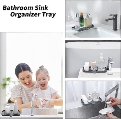 MicoYang Silicone Bathroom Soap Dishes with Drain Spout-Bathroom and Kitchen Sink Organizer,Sponge Holder,Dish Soap Tray,Perfect for Dispenser,Scrubber,Bottle,Cup on Sink or Counter-Grey 9.6"×5.3"