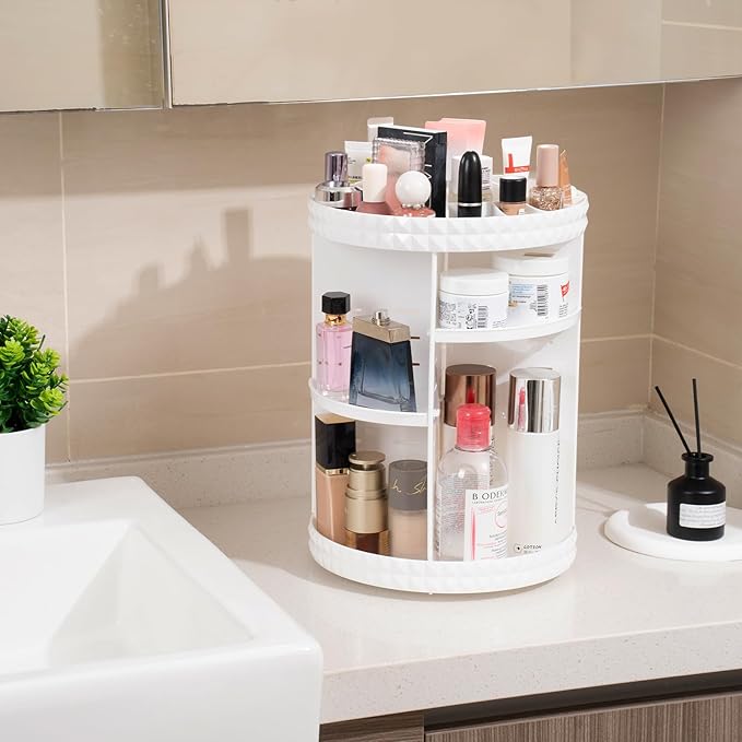 V-HANVER 360 Rotating Makeup Organizer Perfume Organizer White Cosmetic Storage Display Case Large Capacity Acrylic Beauty Holder Adjustable Partition Height for Bedroom Dresser or Bathroom Vanity