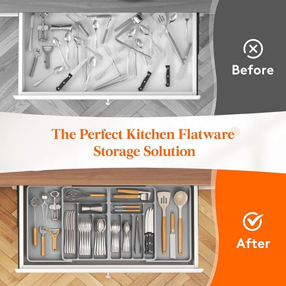 Lifewit Silverware Drawer Organizer, Expandable BPA Free Plastic Utensil Tray for Kitchen, Adjustable Flatware Cutlery Holder for Spoons Forks Knives, 21.3- 36 x 16.9", Gray