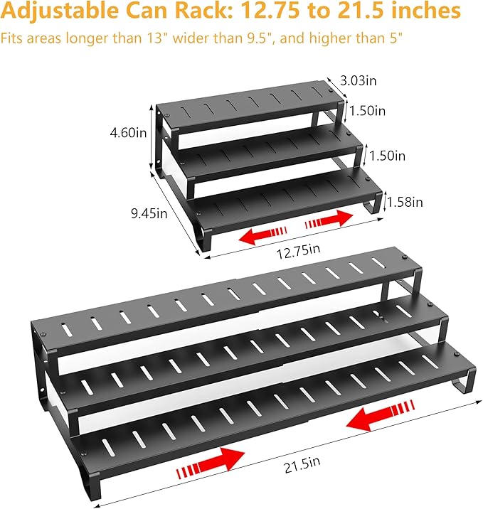 3 Tier Expandable Can Rack Organizer for Pantry, Adjustable 13"-21" Metal Soda Can Organizer, Pantry Organization Canned Food Storage Holder for Kitchen Cabinet Countertop, Black 1Pack