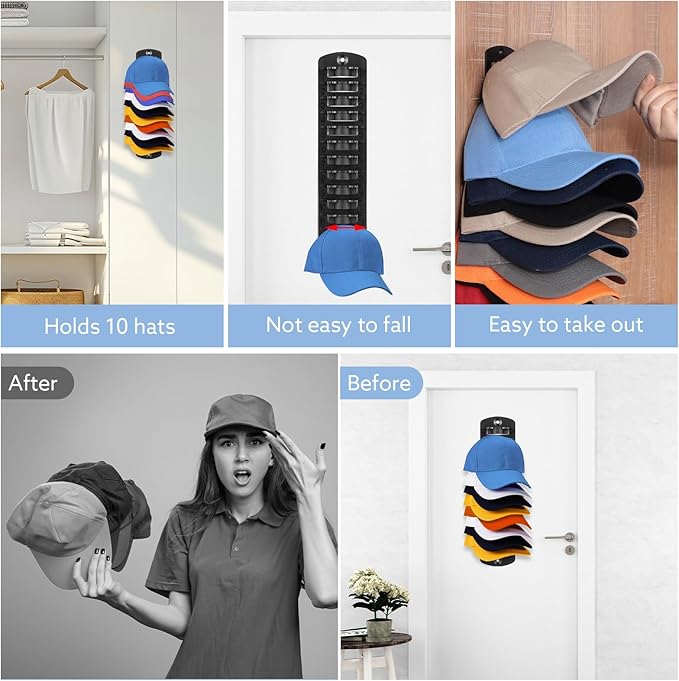 Dntorx Hat Organizer for Baseball Caps, 1 Pack Hat Rack for Wall Strong Adhesive Hat Hanger Hat Hooks Stand Organizer Storage Holder Display for Door Closet Bedroom
